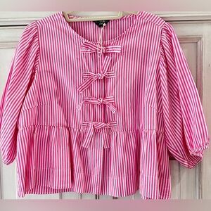 NWT SZ XL Velvet Heart Los Angeles Pink and White Striped Blouse with Bows